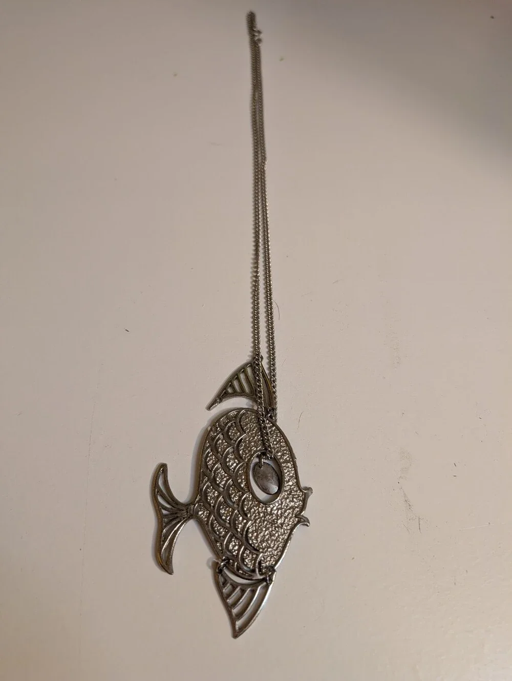 Vintage Silver Tone Articulated Fish Pendant Necklace Statement Piece